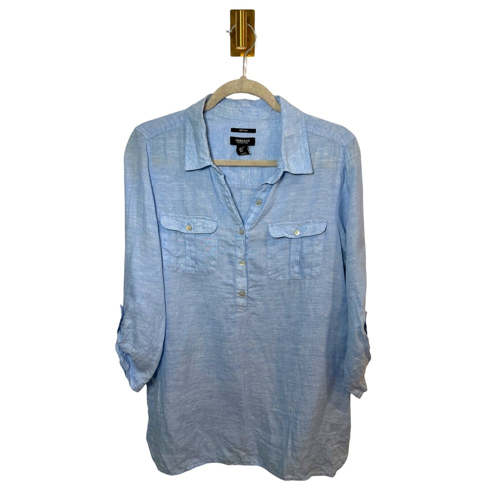 Coastal 100% Linen Button Down Tunic Beach Blue Roll Tab Sleeve Vacation Top L